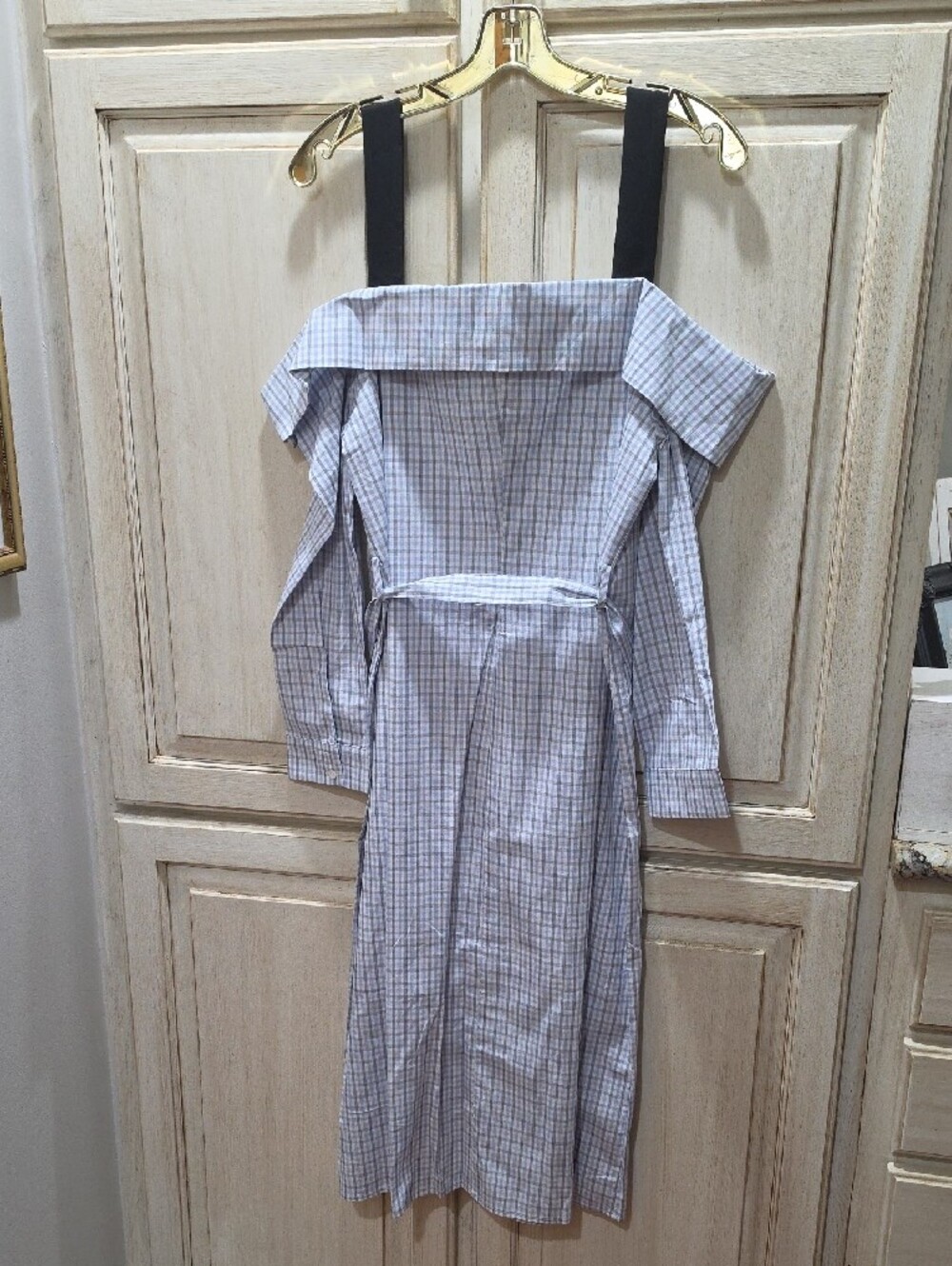 English Factory Blue and White Plaid Off-Shoulder Shirt Dress $140 - Picture 6 of 6